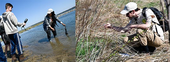 Left: 14-year-old Nolan Gryzlo, of Skaneateles, New York, monitors water quality with assistance from Young Naturalists Leadership Team member Saadiya Sheekh-Nuur. Right: Mike Serviss, Young Naturalists Leadership Team member, identifies vegetation at Geddes Brook wetlands.