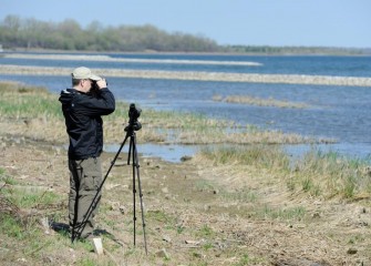 Binoculars and a spotting scope are tools used to help identify water bird species out on the lake.