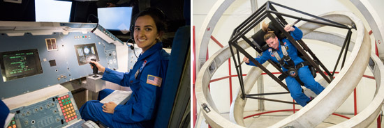 Left: 2018 HESA teacher Erin Emanuele completes a mission at the U.S. Space & Rocket Center.  Right: Central New York 2018 HESA teacher Michelle Hall in a gravity chair at the U.S. Space & Rocket Center.