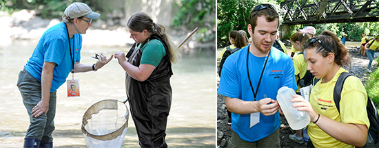 During Honeywell Summer Science Week, students spend more than 40 hours as field scientists.  Left: Skylar Brown (right), a student in the East Syracuse Minoa Central School District, works with counselor Gretchen Messer, a visiting professor at the State University of New York College of Environmental Science and Forestry (SUNY-ESF), to collect and identify samples of aquatic macroinvertebrates in Onondaga Creek.  Right: Julah Zuckerbraun, a student in the Syracuse City School District, tests Onondaga Creek’s water quality with the help of counselor Christopher Thomas, a student at SUNY-ESF.