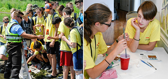 Students learn from habitat experts and engineers about the Onondaga Lake cleanup at Honeywell’s Onondaga Lake Visitors Center.  Left: Matt McDonough, a habitat expert from Parsons, shows students a fish caught in Onondaga Lake.  Right: Honeywell Summer Science Week students Sarah Fettig (left), of the West Genesee Central School District, and Tess Schmidt, of the Fayetteville-Manlius School District, complete an engineering activity to learn about the Onondaga Lake cap. 