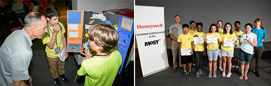 Left: Students Peter Santoro (left), of the Liverpool Central School District, and Symeon Barrett, a home-schooled student, present their observations to Honeywell Syracuse Program Director John McAuliffe.  Right: Honeywell Summer Science Week students receive completion certificates and become “MOST Associates,” which grants each student a one-year museum pass.