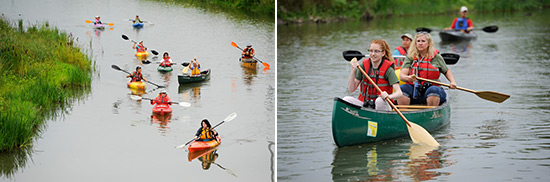 Left: Participants paddle from the public Nine Mile Creek canoe and kayak launch off of Pumphouse Road in Geddes to Onondaga Lake.  Right: Taylor (front) and Pamela Jones, of Baldwinsville, paddle down Nine Mile Creek.