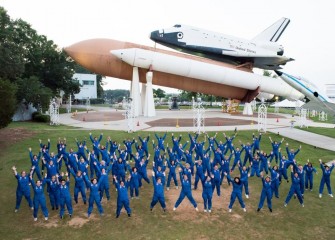 Honeywell Educator trainees, including Central New York teachers Michelle Hall and Erin Emanuele, in Shuttle Park at the U.S. Space & Rocket Center in Huntsville, Alabama.