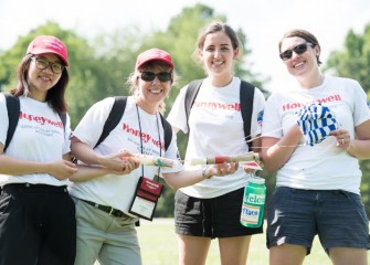 Erin Emanuele (second from right) with fellow Honeywell Educators and their model rockets at the Space Camp Launch Complex.