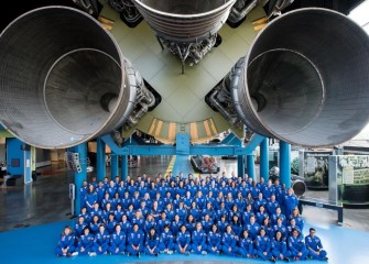 Graduation photo for Honeywell Educators at Space Academy 2018 in Saturn V Hall at the U.S. Space & Rocket Center.