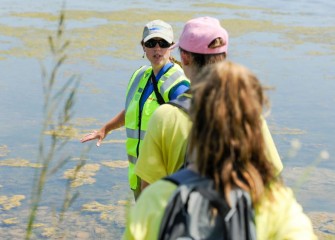 Jessica Saville, a habitat expert with Parsons, describes the new lake bottom created as part of the Onondaga Lake cleanup.