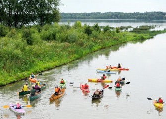 Katie Moranz (left closest to shore), a habitat expert with Parsons, shares information about the wooded wetlands at the mouth of Nine Mile Creek, designed for varying water conditions during the year.