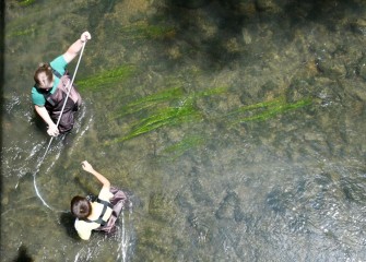 Students measure depth and stream velocity in Onondaga Creek.