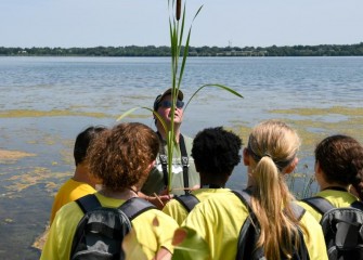 Steve Mooney, a scientist at OBG, shows students a broadleaf cattail, a native plant that grows in stands in wetland and shore areas. Cattails provide food and cover for a diverse array of wildlife.