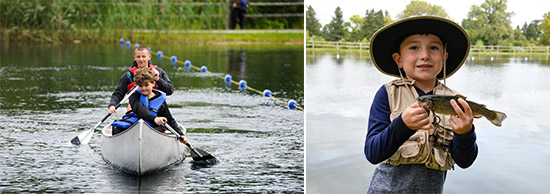 Left: Cousins Camden Davis (front), of Baldwinsville, and Ben Benson, of Syracuse, paddle a canoe in the pond at Carpenter’s Brook Fish Hatchery.  Right: Six-year-old Grayson LaGrow, of Skaneateles, holds a trout caught in the public fishing pond at Carpenter’s Brook Fish Hatchery. 