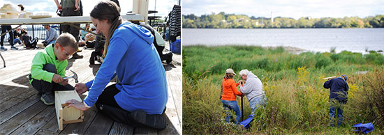 Left: First-time Corps volunteers Ian (left), 6, and mom Rebecca Margiotta, of Baldwinsville, construct a wooden nesting box to attract Eastern bluebirds.  Right: Deborah and David Holihan (left), of Liverpool, install a bird box near Harbor Brook.