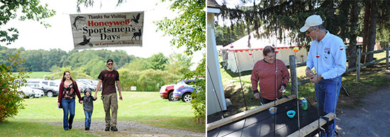 Left: “This is the first time we’ve attended this event,” said Heather Williams (left), of Red Creek, pictured with 4-year-old Jayce and husband Dylan. “We participate in outdoor recreational activities and it was nice our son could learn from outdoors experts at Honeywell Sportsmen’s Days.”  Right: Honeywell Syracuse Program Director John McAuliffe (right) baits his hook while visiting with volunteer Joan Gilfilian, of Marietta.