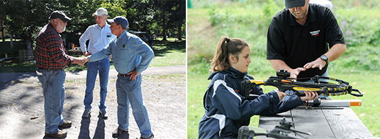 Left: Onondaga County Federation of Sportsmen’s Clubs President Tom Merrill (right) and McAuliffe (center) greet participant John Sharon (left), of Jamesville, at Honeywell Sportsmen’s Days.  Right: Thirteen-year-old Allison Dougherty, of Liverpool, learns how to use a crossbow from Onondaga County Parks Commissioner Bill Lansley.