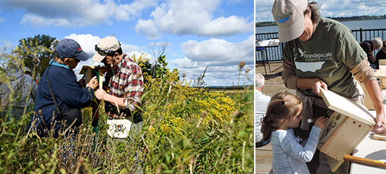 Left: Kathy Chapin (left), of East Syracuse, installs a nesting box with Onondaga Audubon volunteer Frank Moses (right) along the southwest shoreline of Onondaga Lake.  Right: Three-year-old Eleanor Sunkes, of East Syracuse, decorates a bird box held by Barbara Kamerance, of Central Square, before it is placed in the field.