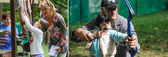 Left: Seven-year-old Brielle Buxton (center), of Cicero, checks out a pelt at the living history site with her mom Colleen Buxton (right) and brother Owen (left), 8.  Right: Seven-year-old Maddison Perkins, of Syracuse, tries archery with help from Mark Schmid, of the Pompey Rod & Gun Club.