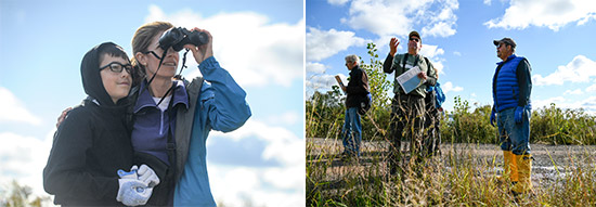 Left: Liam Adams (left), 13, and mom Heather Adams, of Cicero, track native birds along the western shoreline of Onondaga Lake.  Right: Steve Mooney (center), Managing Scientist at OBG, examines the restored habitat with participants Steven Knowles (right), of Camillus, and Tim Gordon (left).