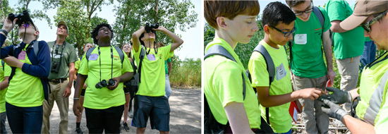 Left: Montezuma Audubon Center Director Chris Lajewski (center left) leads students on a birding expedition near Harbor Brook and the southwest shoreline of Onondaga Lake. Students identified 23 species, including osprey, bald eagle, common tern, caspian tern, common merganser, and hooded merganser. Right: Students examine a juvenile smallmouth bass captured in a seine net by Parsons scientist Jesse Carr (right). Throughout the week students log observations about wildlife that has returned to the Onondaga Lake watershed.