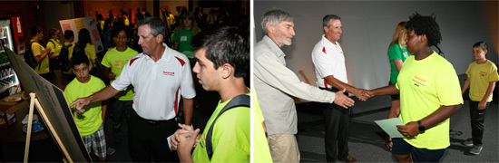 Left: Steve Miller, from Honeywell, (center) speaks with Alex Fung (left) and Kevin Fratostitanu (right), both from Manlius Pebble Hill School, about their findings on fish populations. Right: Shane Franklin Jr., from Syracuse City School District, receives a certificate of participation after completing Honeywell Summer Science Week.