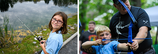 Left: Grace Millet, 9, of Liverpool, fishes for trout in the public fishing pond at Carpenter’s Brook Fish Hatchery. Right: Six-year-old Robert Murray, of Elbridge, tries his hand at archery with instruction by Jim Kilmartin from the Clay Sportsman’s Club.