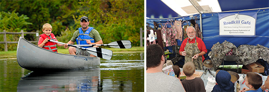 Left: Six-year-old Dexter Rinaldi, of Warners, paddles a canoe across the pond with his father, Damian. “This is a good family event. There is lots to learn and do,” said Damian Rinaldi, who attended Honeywell Sportsmen’s Days this year for the first time. Right: New York State Outdoorsmen Hall of Fame President Stephen Wowelko demonstrates fileting and cooking pickerel, one of many cooking demonstrations that took place throughout the weekend.