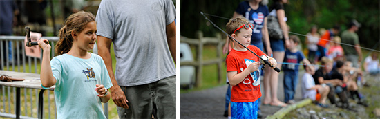 Left: Ten-year-old Allison Darling, of Auburn, prepares to throw a hatchet while keeping her eye on the target in the hatchet-throwing area. Right: Walden Schild, 5, of Liverpool, reels in his line while trout fishing. Walden is already an avid fan of fishing.