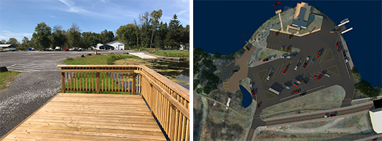 Left: Property along the Seneca River was developed for use as a public boat launch, featuring a concrete boat ramp, floating boat dock, a platform compliant with Americans with Disabilities Act Accessibility Guidelines, and a parking area. Right: Rendering of the future Kenneth P. Lynch Boat Launch at Onondaga Lake for trailered motorboats and car-top boats such as canoes and kayaks. Lynch is a retired DEC Executive Deputy Commissioner and former DEC Region 7 Director. The free, public boat launch will be located off of Exit 7 on I-690 West and is expected to open in 2020.