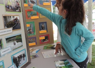 Emily Corrente, of Warners, tries the bird-matching activity with Onondaga Lake Conservation Corps Coordinator Sue Potrikus at the Honeywell booth.