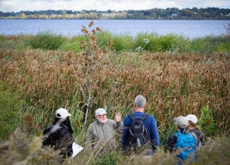 Botanist Joe McMullen (center) guides participants in an Onondaga Lake Conservation Corps citizen science event through wetland areas identifying plant species. The taller tree is a red maple. A smaller American sycamore is bottom right.