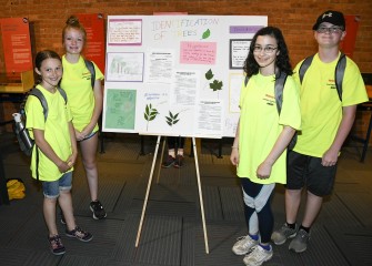 Students (left to right) Rachel Porter, Catherine Swete, Maria Vastakis and Conor Swete share observations on tree identification.