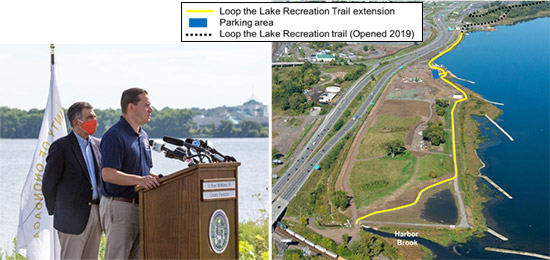 Left: Onondaga County Executive Ryan McMahon (right) and New York State Assemblyman William B. Magnarelli (left) announcing the new trail extension on the southwestern shore of Onondaga Lake.   Right:  The Loop-the-Lake Trail now extends nearly nine miles from Liverpool to Harbor Brook.